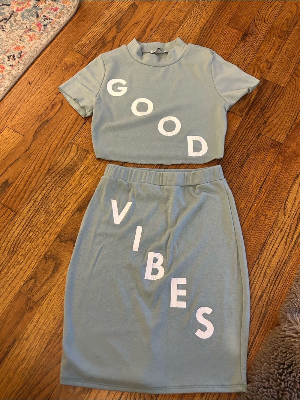 Fashion Nova Sage Green Crop Top and Skirt Set with White Letters